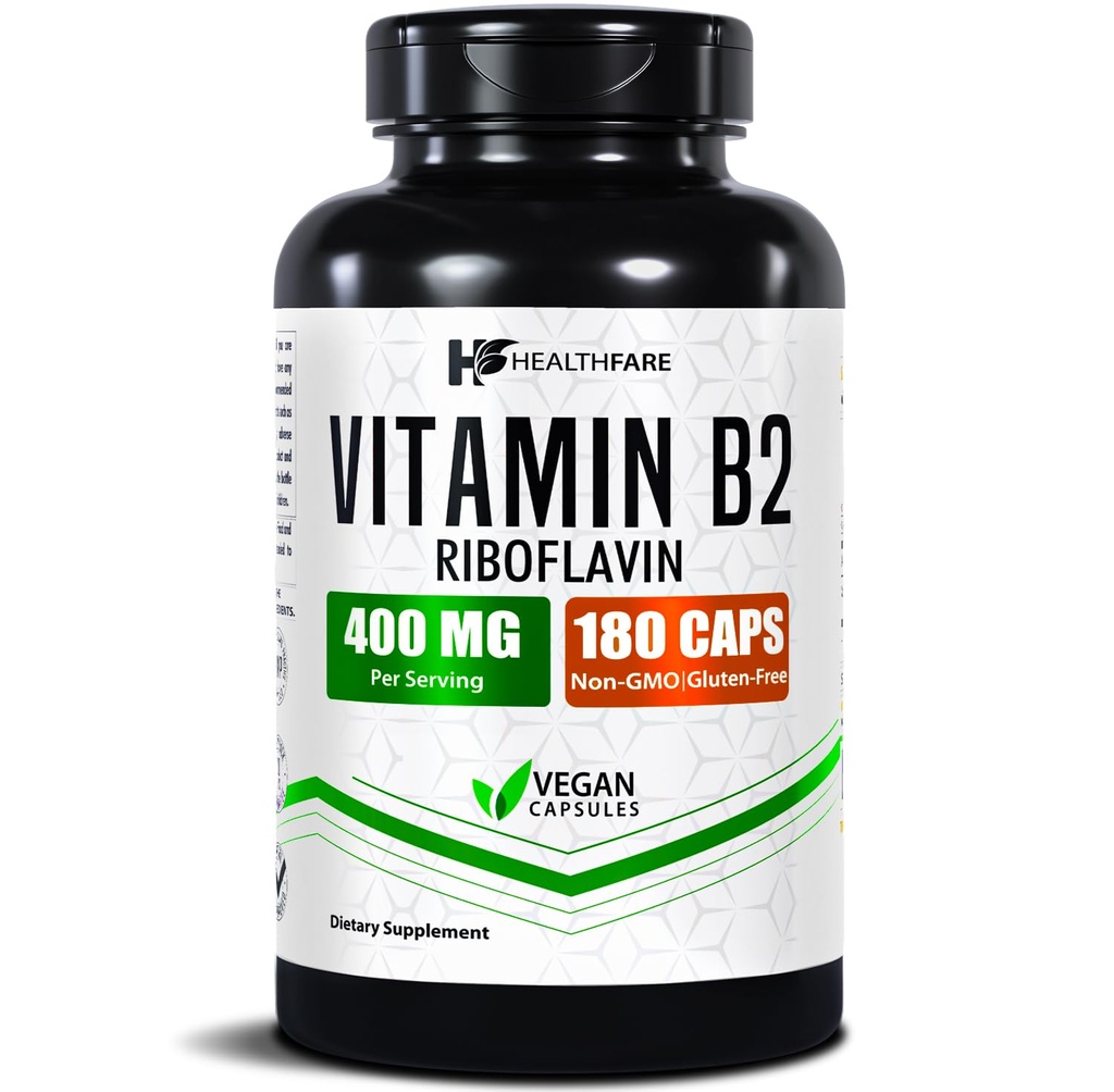 Healthfare Vitamin B2 Riboflavin 400 mg | 180 Veg Capsules | Supplement | Gluten-Free | Non-GMO
