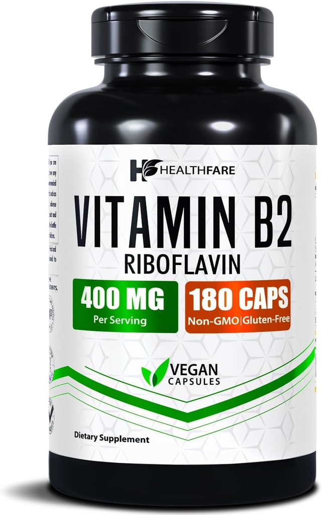 Healthfare Vitamin B2 Riboflavin 400 mg | 180 Veg Capsules | Supplement | Gluten-Free | Non-GMO