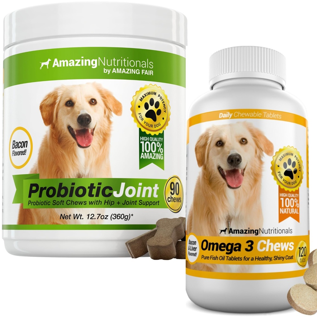Probiotics for Dogs Digestive with Dog Skin and Coat Bundle - Omega 3 for Dogs Itchy Skin Relief for Dry Skin, Hot Spots and Shedding, Eliminates Joint Pain, Gas and Diarrhea Elimination