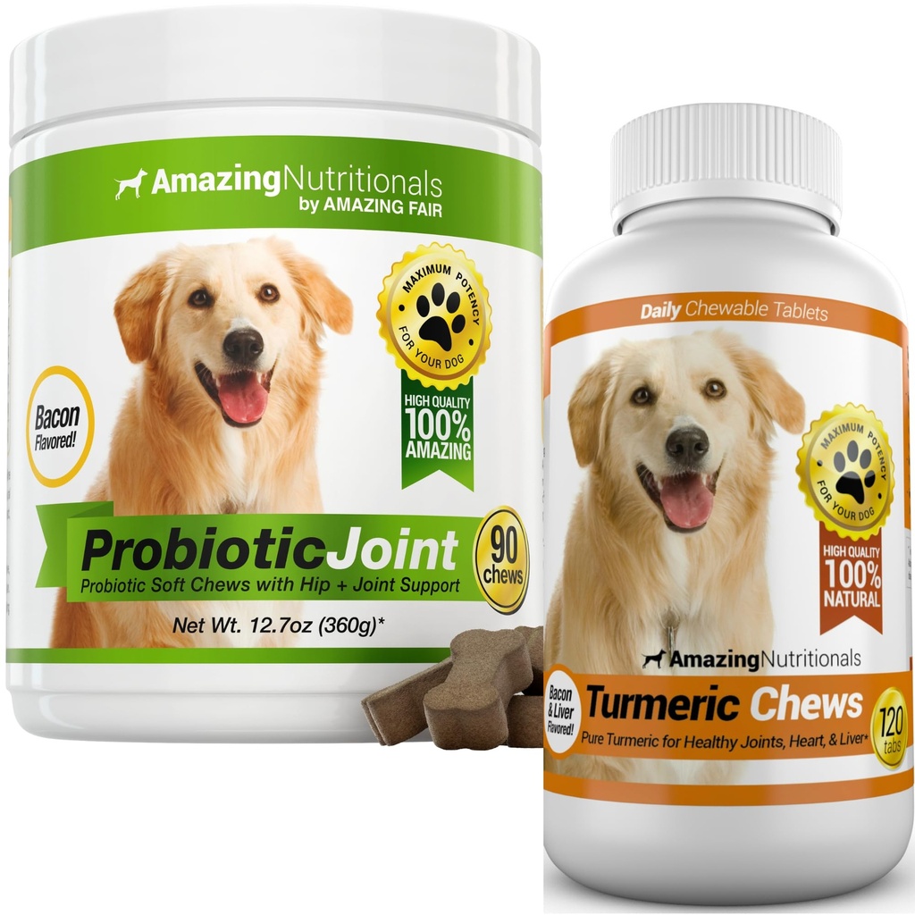 Probiotics for Dogs Digestive Health Turmeric Joint Support Bundle - Eliminates Joint Pain Inflammation, Incontinence, Gas and Diarrhea Soft Chews