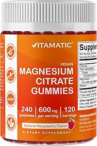 Vitamatic Magnezyum Citrate Gummies 600 mg per Service - 240 Vegan Gummies - Natural Raspberry Flavor - High Abors Magnezyum Supplement - Supports Nerve, Bone and Muscle Health