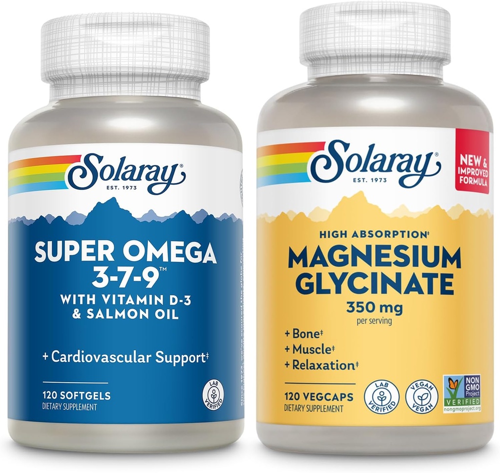 SOLARAY Super Omega 3, 7, 9 ve Magnezyum Glycinate Sche - Essential Fatty Acids ve Chelated Sağlıklı Kalp, Bones ve Relaxation Support - 120 Softgels, 275 VegCaps