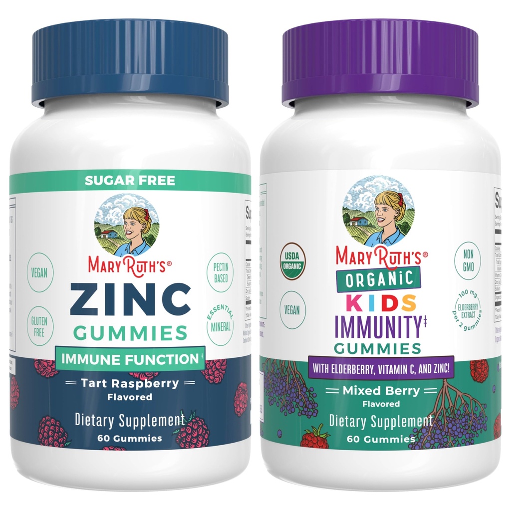 MaryRuth Organics Zinc (Tart Raspberry) & Kids Immunity Gummies (Mixed Berry) | Clean Label Project Verified® | Vitamins for Immunity & Overall Health and Wellness | Vegan, Non-GMO, No Gelatin