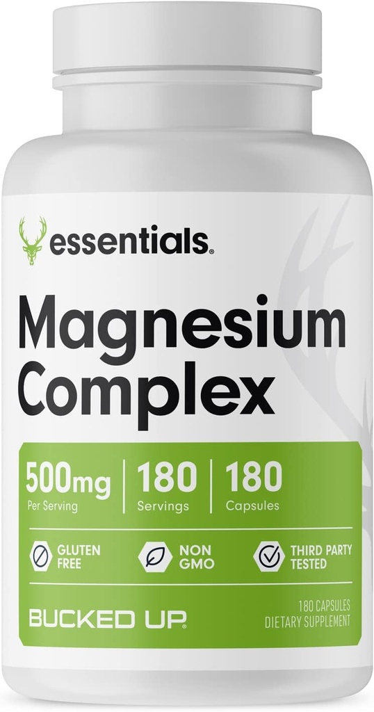 Magnezyum Supplement 500 mg Capsules | Magnezyum Kompleks with Glycinate, Citrate, andoxy | 3 Active Forms of Magnezyum | Stomach | Made in USA | Bucked Up Essentials (180 hizmet)