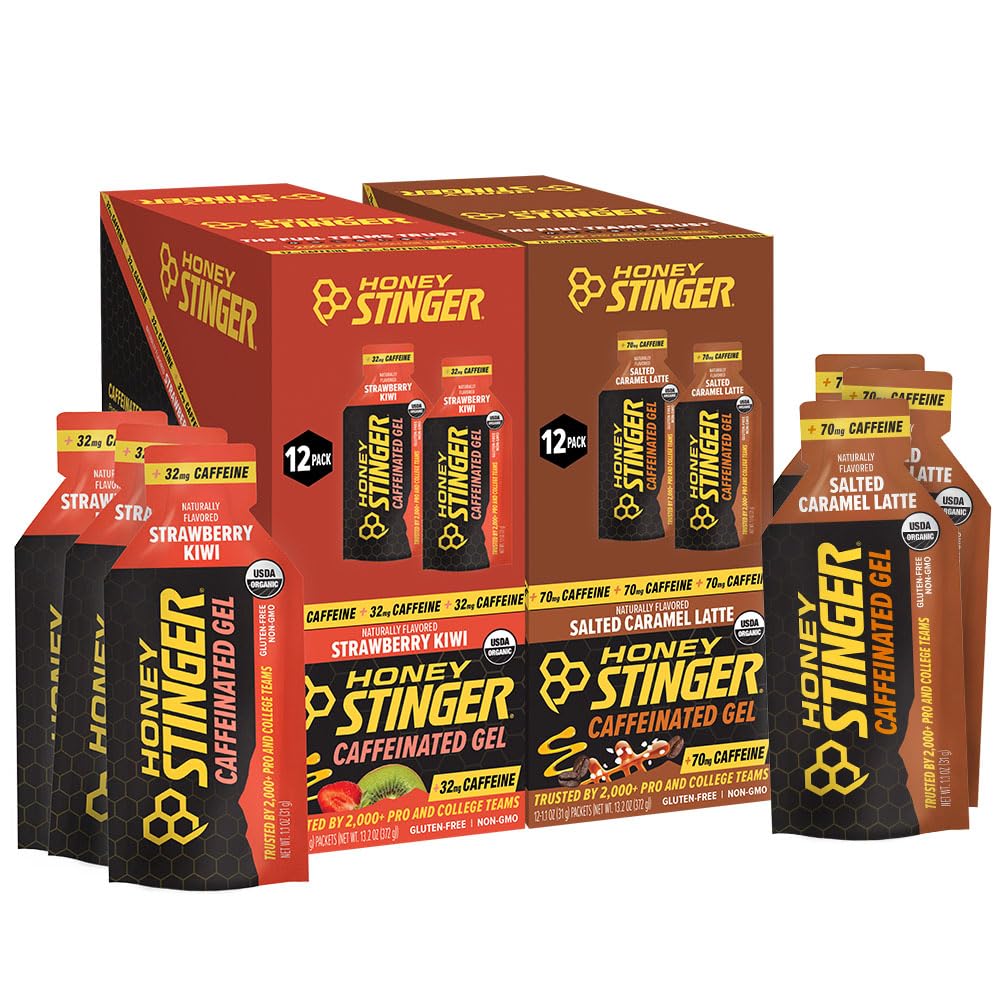 Honey Stinger Caffeinated Organic Energy Gel Variety Pack of 24, 12 Packs Each of Salted Caramel Latte & Strawberry Kiwi, Caffeinated & Gluten Free, for All Exercises, Sports Nutrition for Home & Gym