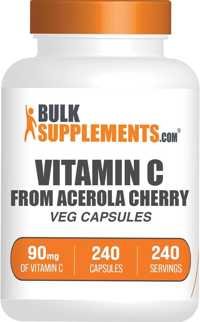 BulkSupplements.com Vitamin C'den Acerola Cherry Capsules - Acerola Cherry Vitamin C Supplement - Gluten Free, 1 Capsule per Service, 240 Veg Capsules (Pack of 1)