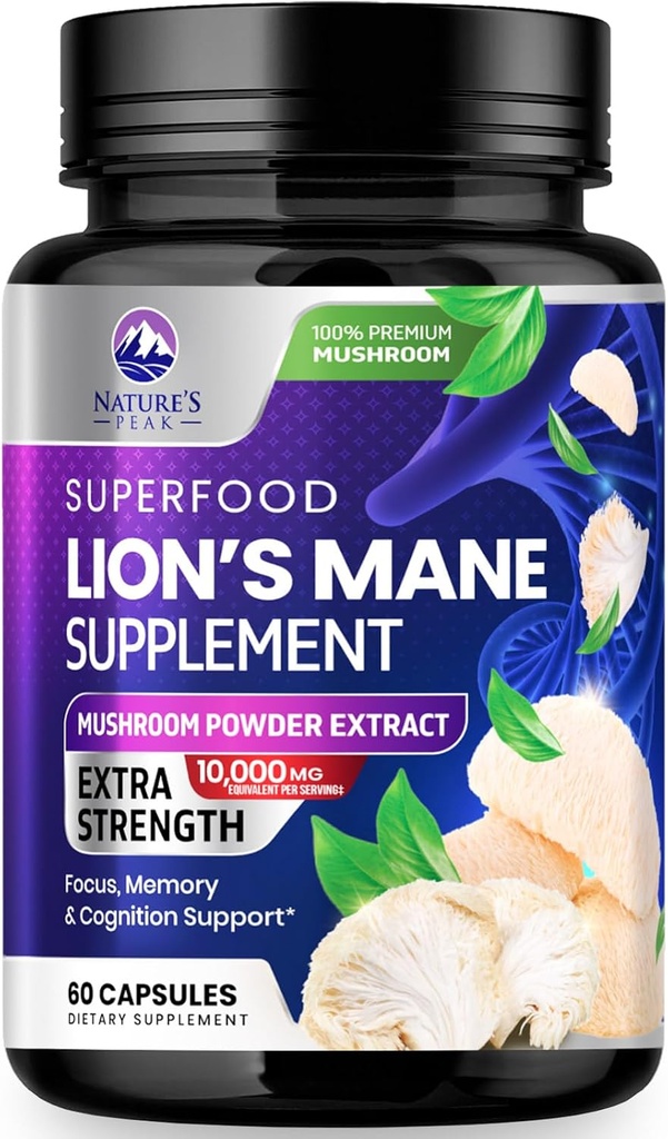 Lions Mane Mushroom Κάψουλες 10.000mg - Lion’s Mane Συμπληρώματα Κάψουλες για την υποστήριξη μνήμης και εστίασης, εγκέφαλος, ανοσοποιητική υποστήριξη υγείας, Vegan, Εμφιαλωμένο στις ΗΠΑ, Lions Mane Mushroom Powder Extract, 60 Count