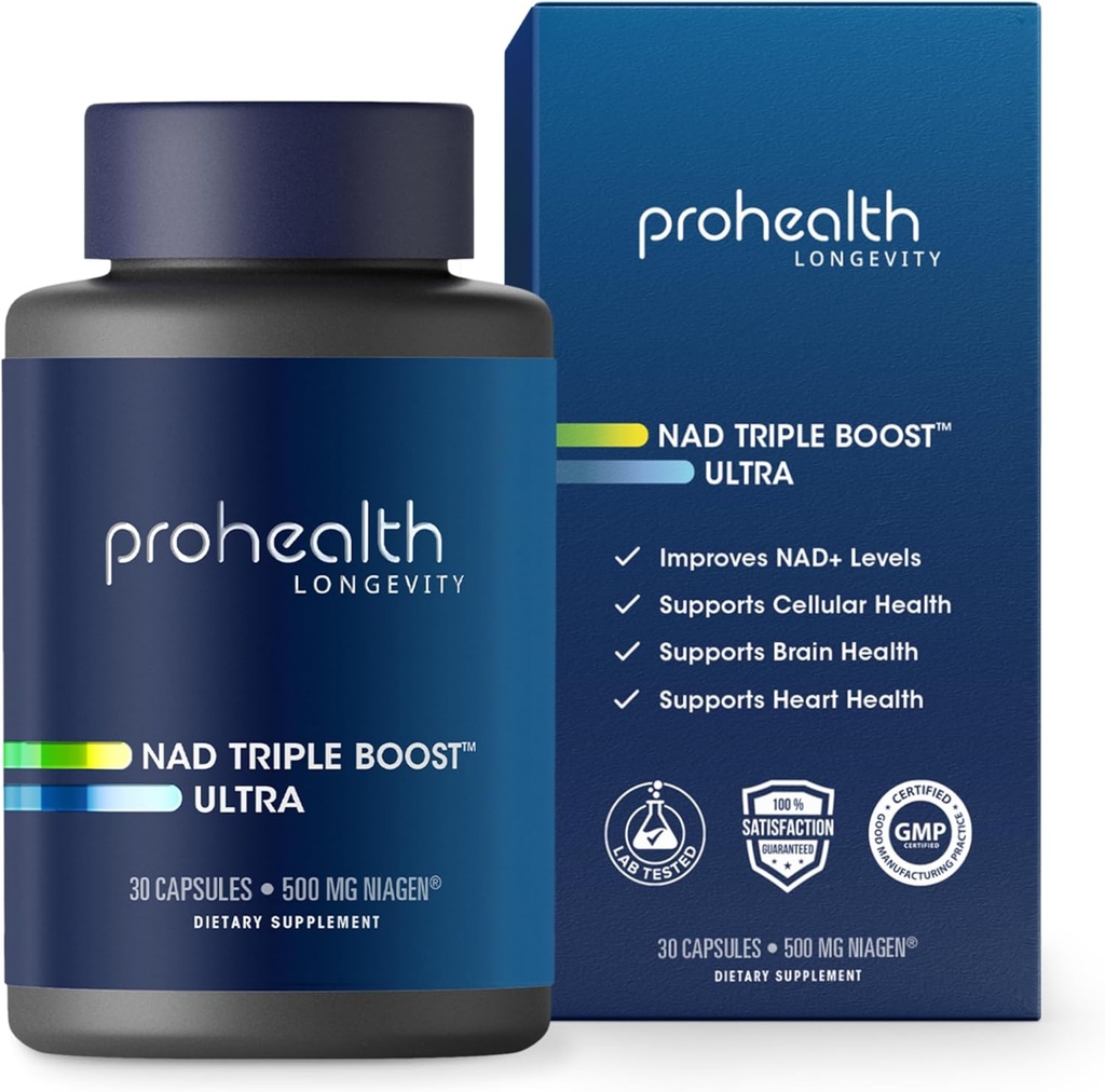 ProHealth NAD Triple Boost Ultra + 500mg Niagen NR. 3X NAD+ Optimizer Plus Apigenin, PQQ, Quercetin. Promotes Longevity, Heart and Brain Health, Activates Sirtuins for Cellular Repair (30 Servings)