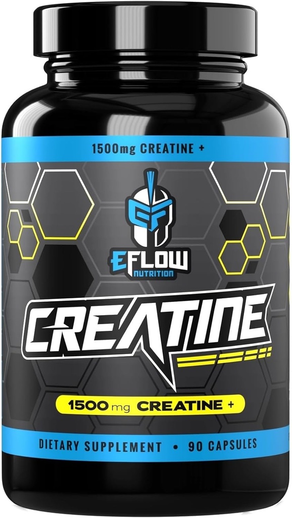 EFlow Kretine Capsules, HCLtine Pills - Insanlar için Kretine Supplement, Kas Builder, Endurance, Strength, AstraGin ve Senactiv (1500 mg, 90 Capsules)