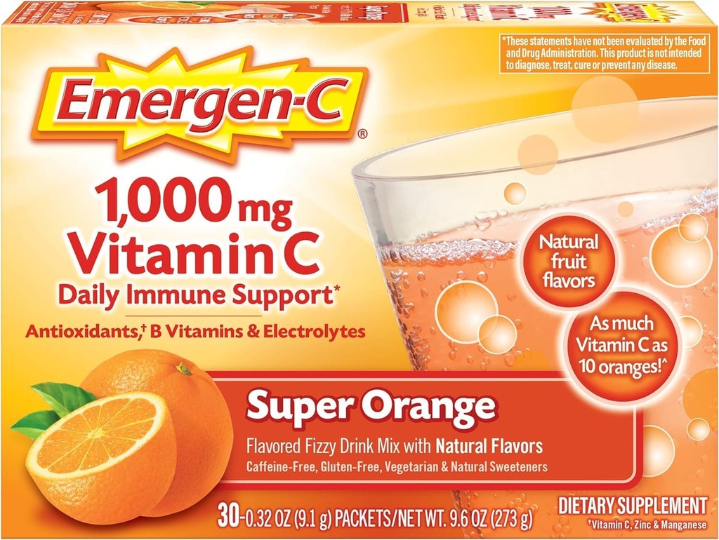 Emergen-C 1000mg σκόνη βιταμίνης C για καθημερινή ανοσοποιητική υποστήριξη Caffeine Δωρεάν συμπληρώματα βιταμίνης C με ψευδάργυρο και Μαγγάνιο, Super Orange Γεύση - 30 Count