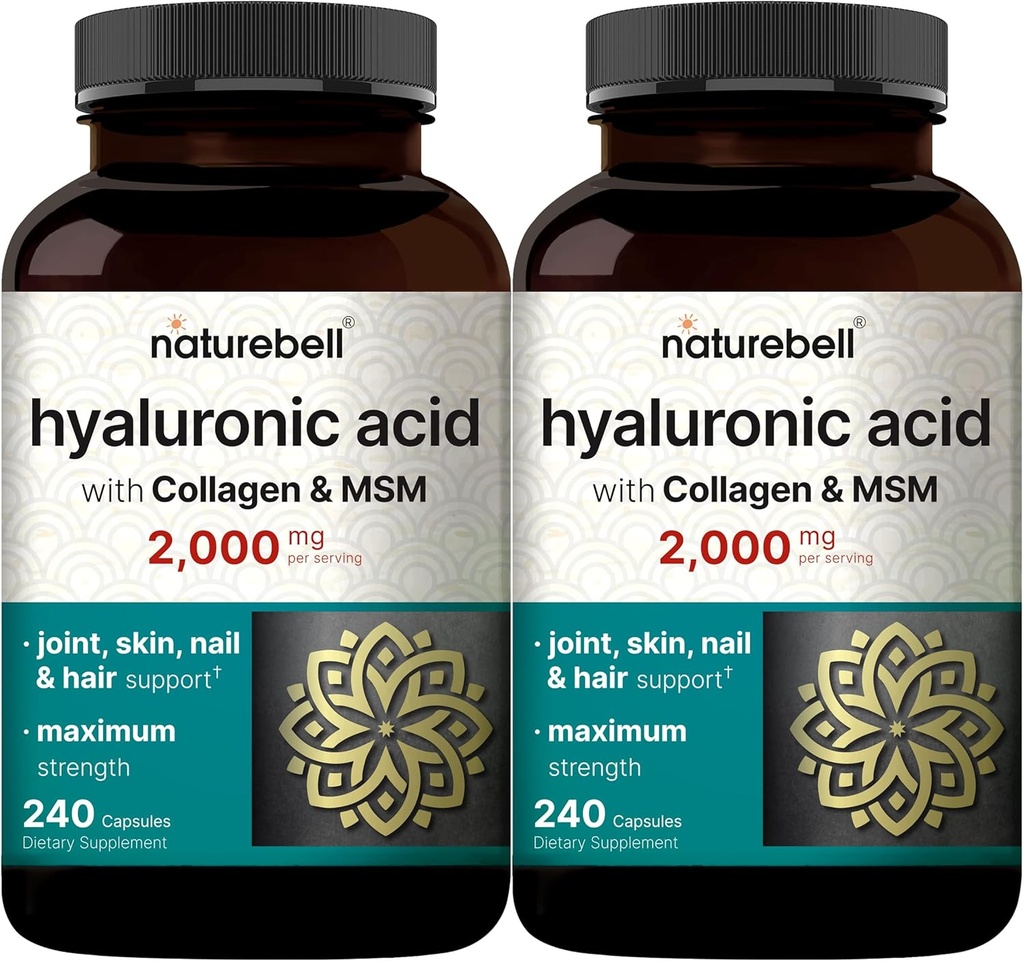 NatureBell 2 Pack Hyaluronic Acid Supplements 2,000 mg | 480 Total Capsules, MSM & Hydrolyzed Bovine Collagen – 3 in 1 Support for Skin Hydration, Joint Lane, Hair, and Eye Health