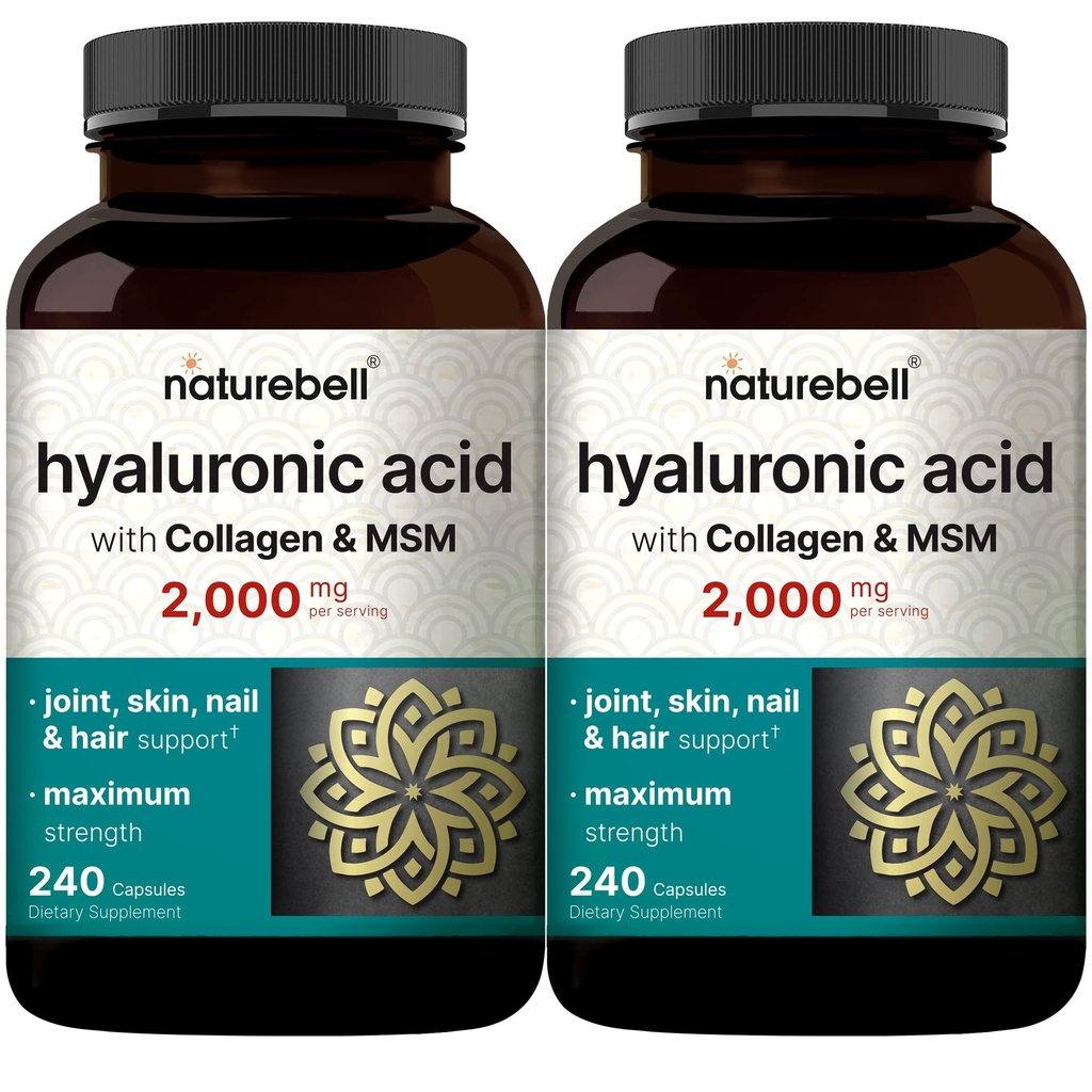 NatureBell 2 Pack Hyaluronic Acid Supplements 2,000 mg | 480 Total Capsules, MSM & Hydrolyzed Bovine Collagen – 3 in 1 Support for Skin Hydration, Joint Lane, Hair, and Eye Health