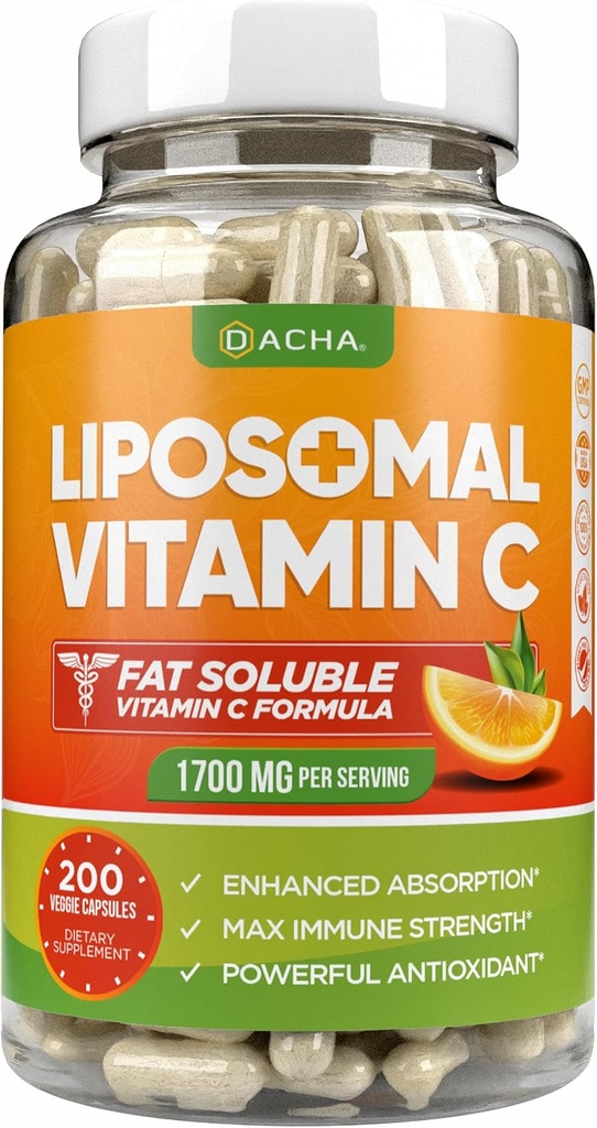 DACHA Natural Liposomal Vitamin C - 1700 mg, 200 Capsules, Immune System & Collagen Branson, High Abxia Fat ► VIT C, Buffered, Skin Vitamins, Vegeterian, Vegan
