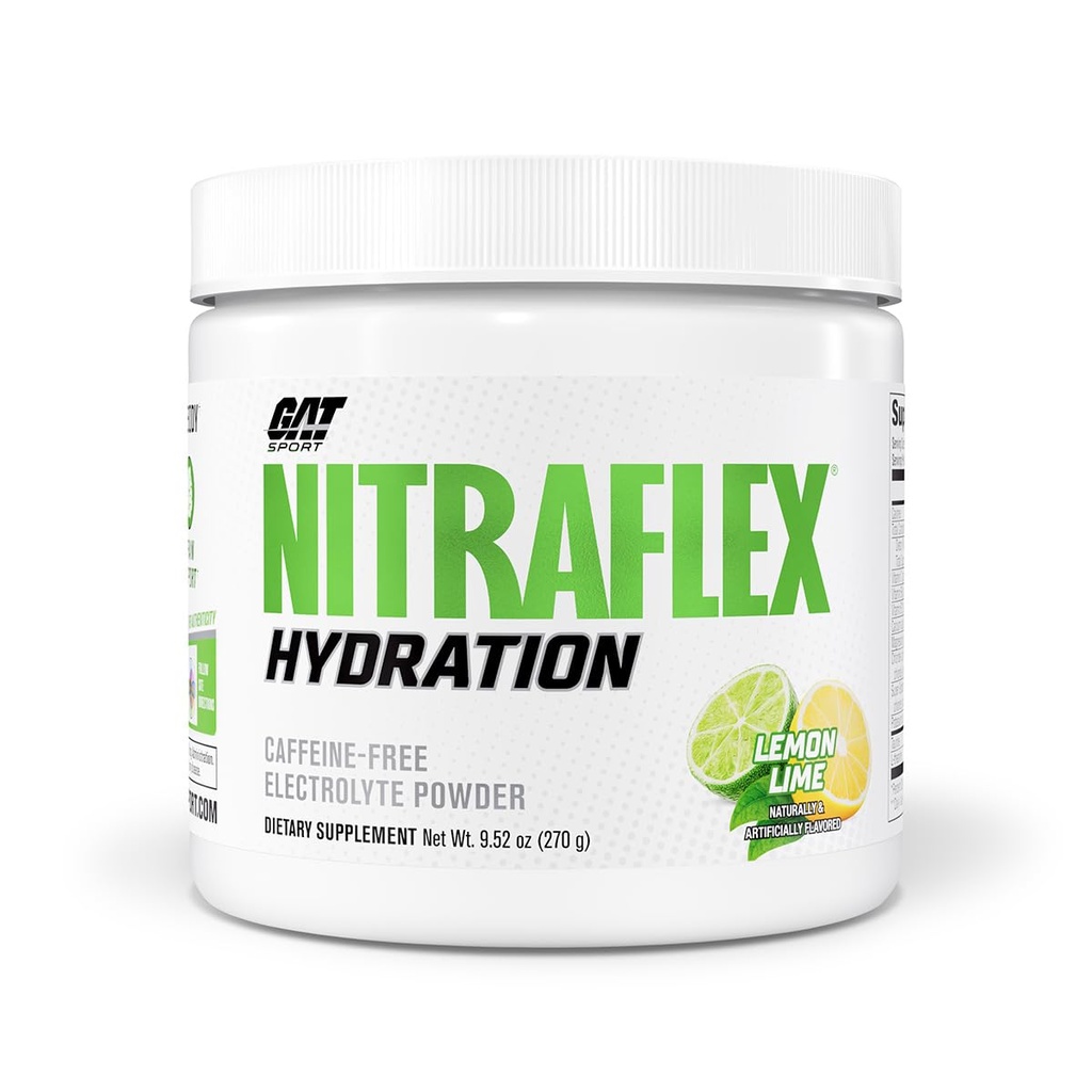 GAT SPORT Nitraflex Hydration Powder, Lemon, Lime, Electrolyte Drink Mix for Performance & Recovery, Taurine, Theanine, 3rd Party Tested, Smart Scan Verified, Sugar-Free, 45 Servings