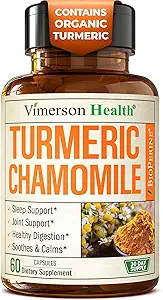 Turmeric Supplement & Chamomile Capsules for Sleep - Organik Turmeric Sleep Supplement with Chamomile Çiçekler Ekstraksiyon (Manzanilla) - Rahatlama ve Stres Desteği - Ortak & Digestive Health. 60 Capsules