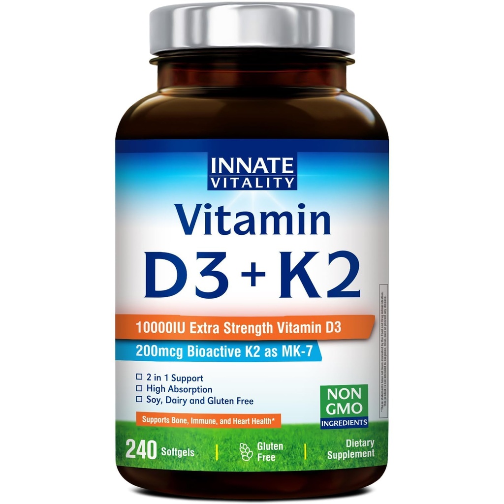 Innate Vitality Vitamin D3 K2 Supplement, High Potency Vitamin D3 10000 IU & Vitamin K2 (MK-7) 200 mcg, Supports Bone, Teeth, Heart & Immune Health, Non-GMO, Gluten Free, 240 Softgels