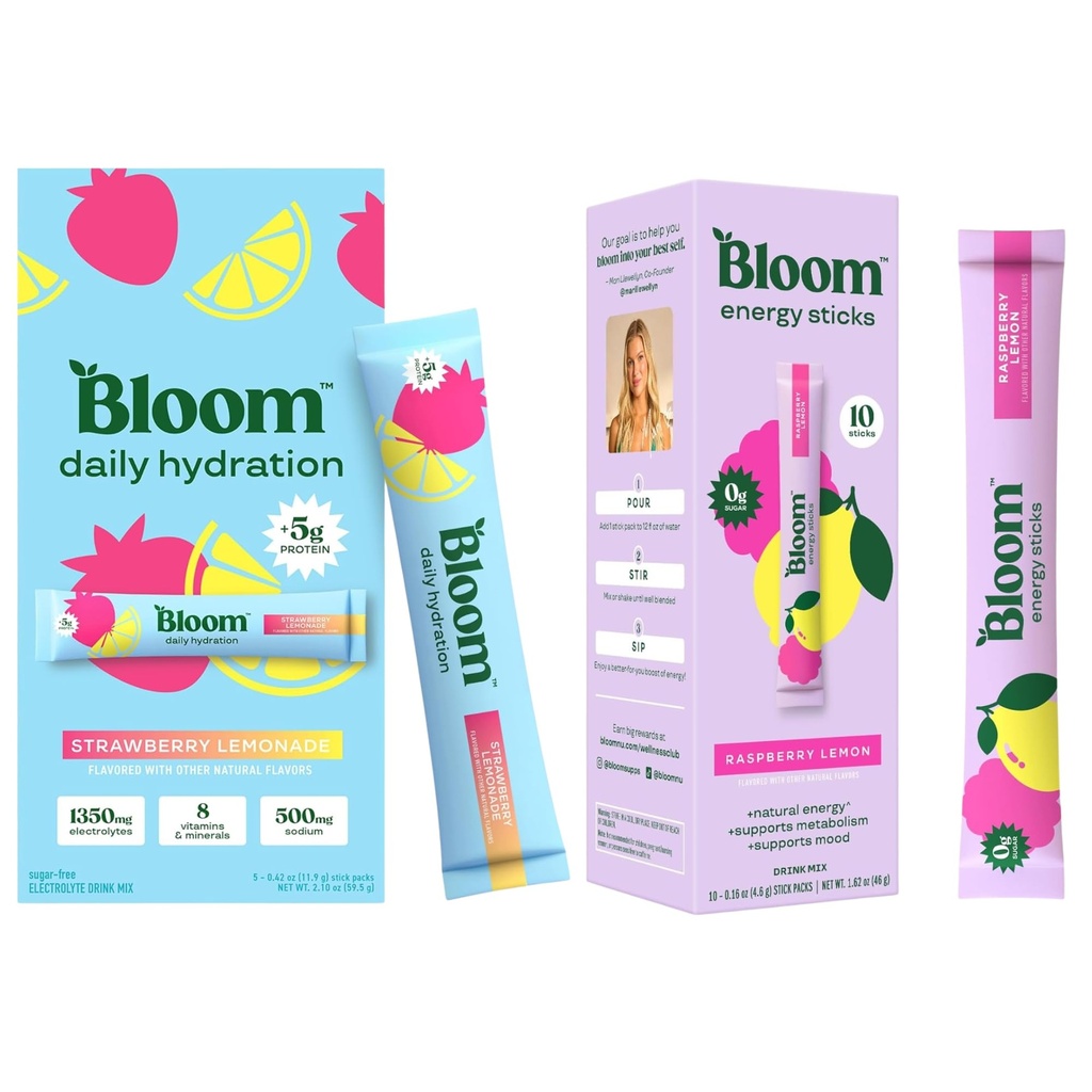 Bloom Energy Sticks RaspberryLemonade and Hydration Sticks Strawberry Lemonade Bundle