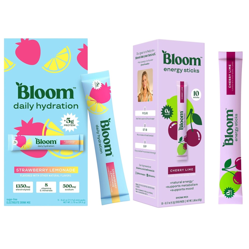 Bloom Energy Sticks Cherry Lime and Hydration Sticks Strawberry Lemonade Bundle