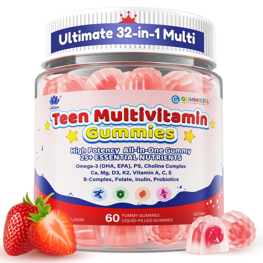 Teen Multivitamin Gummies for Ages 9+ with Omega-3, Magnesium, Methylfolate, Choline, PS, Probiotics - Focus, Brain, Bone, Energy & Gut Support - Teen vitamin for boys girls - Sugar Free, 60 Cts