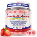 Teen Multivitamin Gummies for Ages 9+ with Omega-3, Magnesium, Methylfolate, Choline, PS, Probiotics - Focus, Brain, Bone, Energy & Gut Support - Teen vitamin for boys girls - Sugar Free, 60 Cts