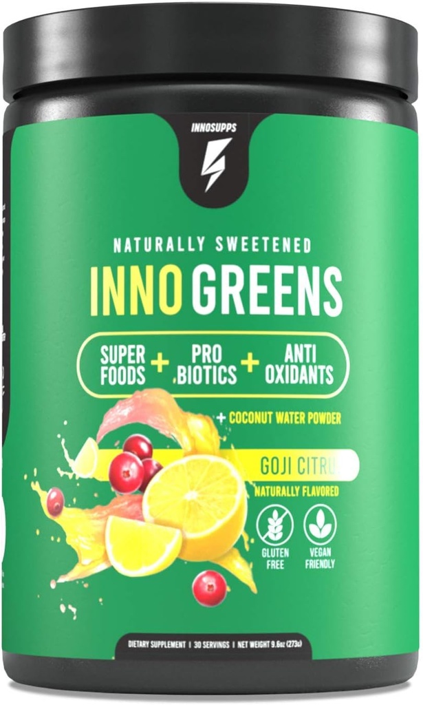 InnoSupps Inno Greens | 28+ Organik Yeşiller & Superfoods | Advanced Prebiyotiks + Probiyotiks | Super Antioxy + Hydration | Spirulina, Chlorella, Ashwagandha - 30 Hizmetler (Goji Citrus)