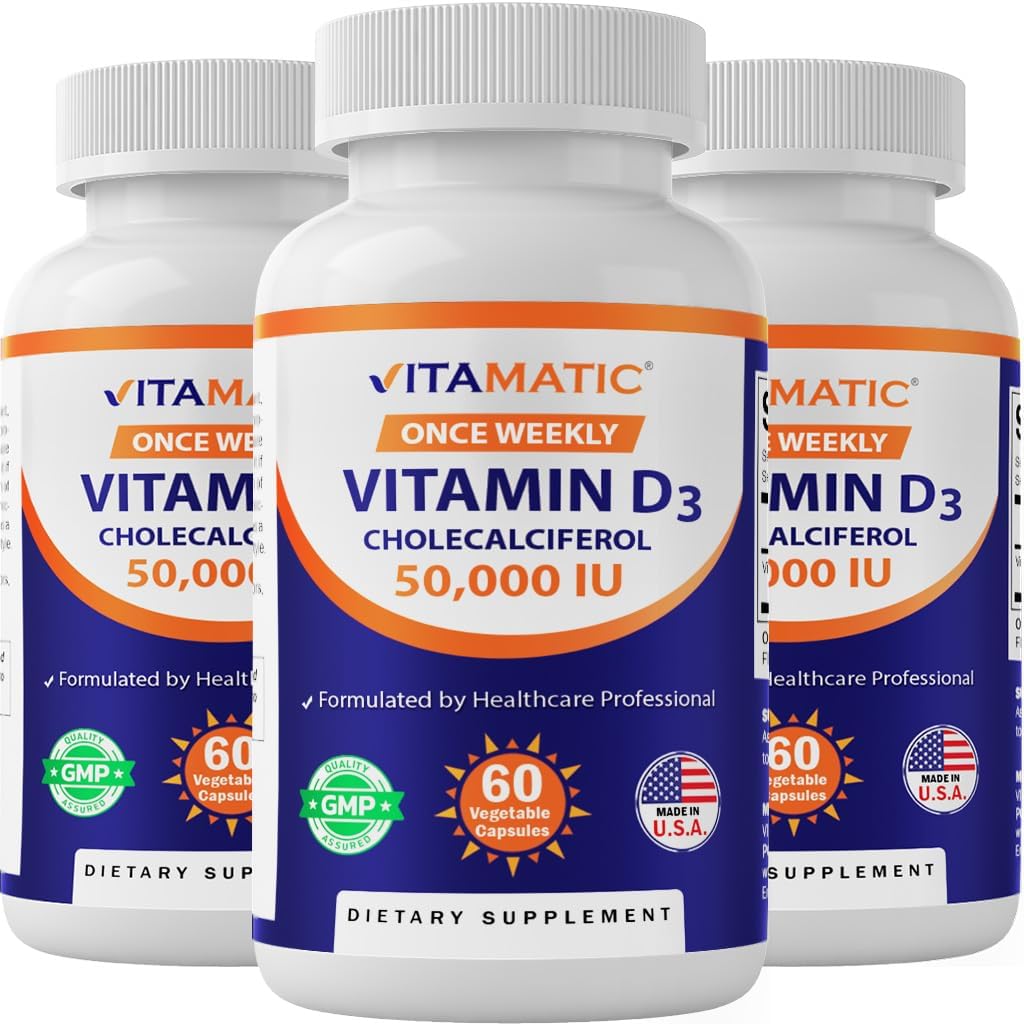 Vitamatic 3 Pack Vitamin D3 50,000 IU ( Cholecalciferol) Haftalık Bir Kez Dose, 1250 mcg, 60 Veggie Capsules 1 Yıl Supply, Prolecalsitities Vitamin D Deficiencies