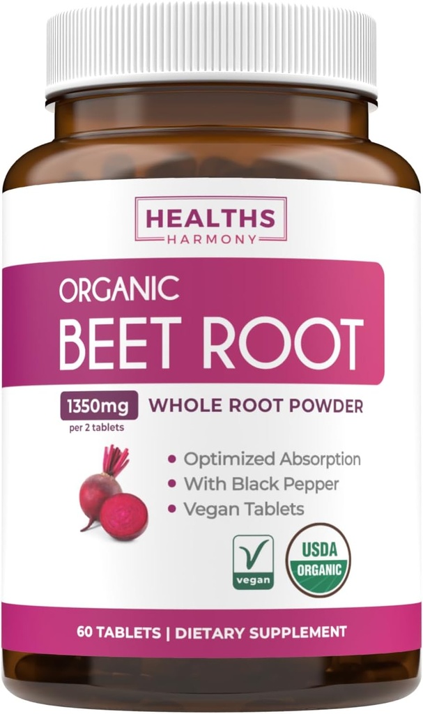 USDA Organic Beet Root Powder (60 Tablets) 1350mg Μπιζέλια ανά Σερβίρισμα με Μαύρο Πιπέρι για Επιπλέον Απορρόφηση - Super Antioxidant και Nitrate Supplement for Athletic Performance and Stamina - Χωρίς κάψουλες