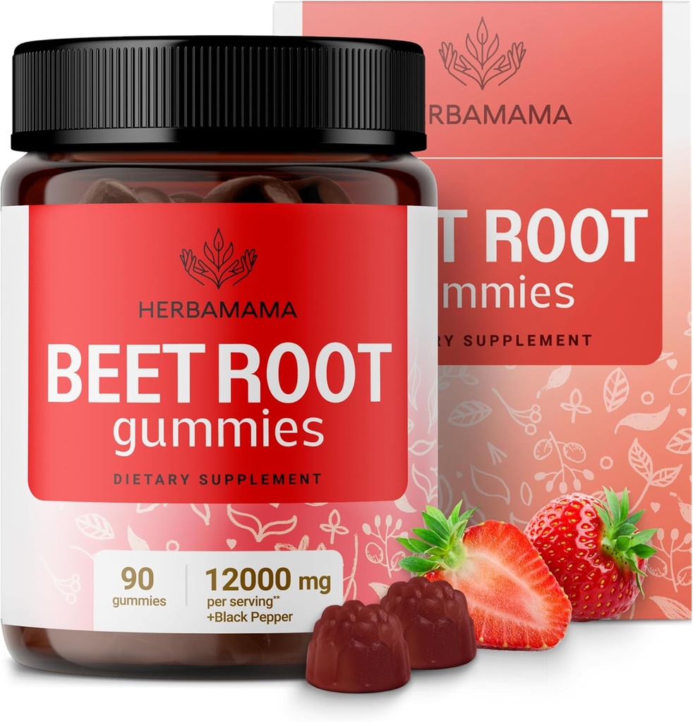 HERBAMAMA Arıt Root Gummies - 12000 mg Red Beets with Black Pepper Extract for General Support - Vegan, Non-GMOoxy Supplement - 90 Pectin-Based Strawberry-Flavored Chews