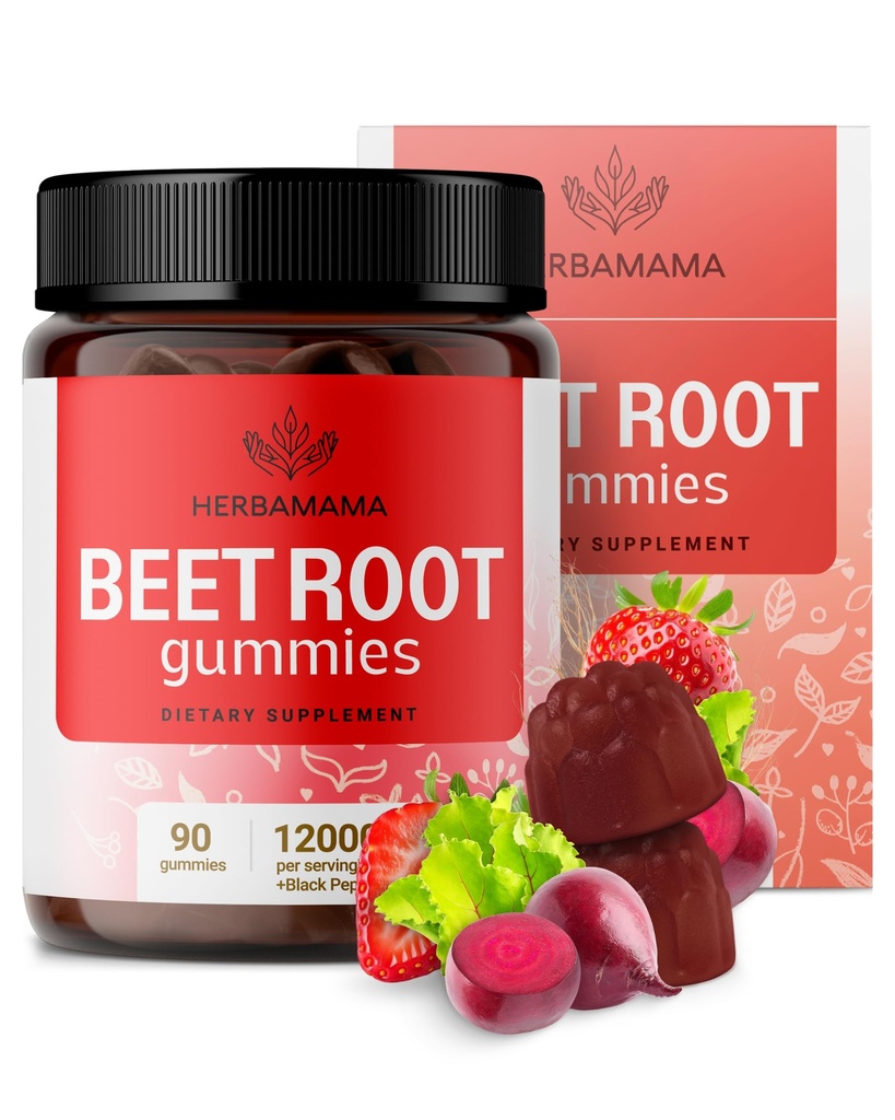 HERBAMAMA Beet Root Gummies - 12000mg Red Beets με εκχύλισμα μαύρου πιπεριού για τη συνολική υποστήριξη - Vegan, συμπλήρωμα αντιοξειδωτικών μη GMO - 90 Pectin-based Strawberry-Flavored Chews