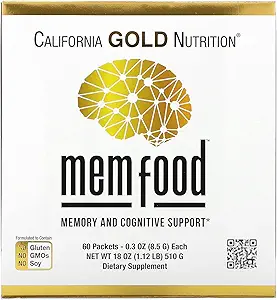 California Gold Nutrition MEM Food, Memory & Cognative Support with MEM Blend, L-Serine, Organic Lion's Mane and Blueberry Juice Powder, 60 Packets, 0.3 oz (8.5 g) Κάθε ένα