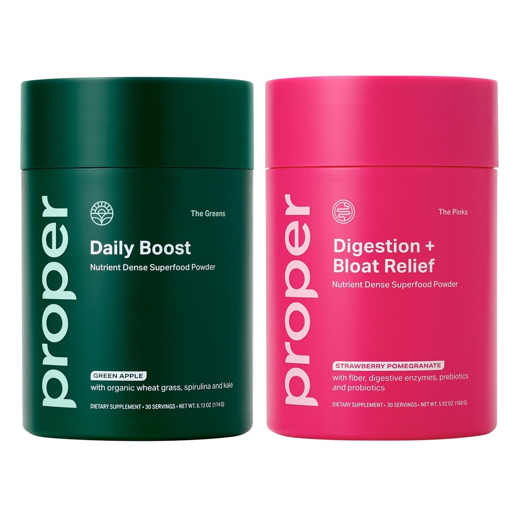 Proper Digestive Wellness & Balance Bundle: Organic Greens & Bloat Relief Drink Mixes with Probiotics, Prebiotics, and Enzymes for Digestive Support and Gut Health