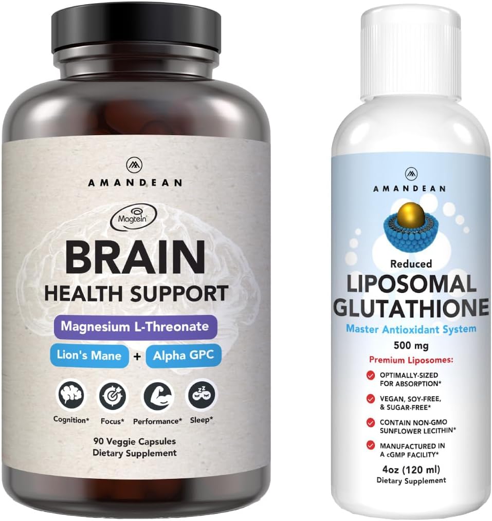 AMANDEAN Premium Beyin Sağlığı Supplement & Liposomal Glutathione Sche. Magnezyum L-Threonate ile Triple Formula, USA-Grown Organic Lion's Mane 6:1 Ekstraksiyon ve Alpha-GPC. Destek Cognition, Focus & Support Cognition, Focus &