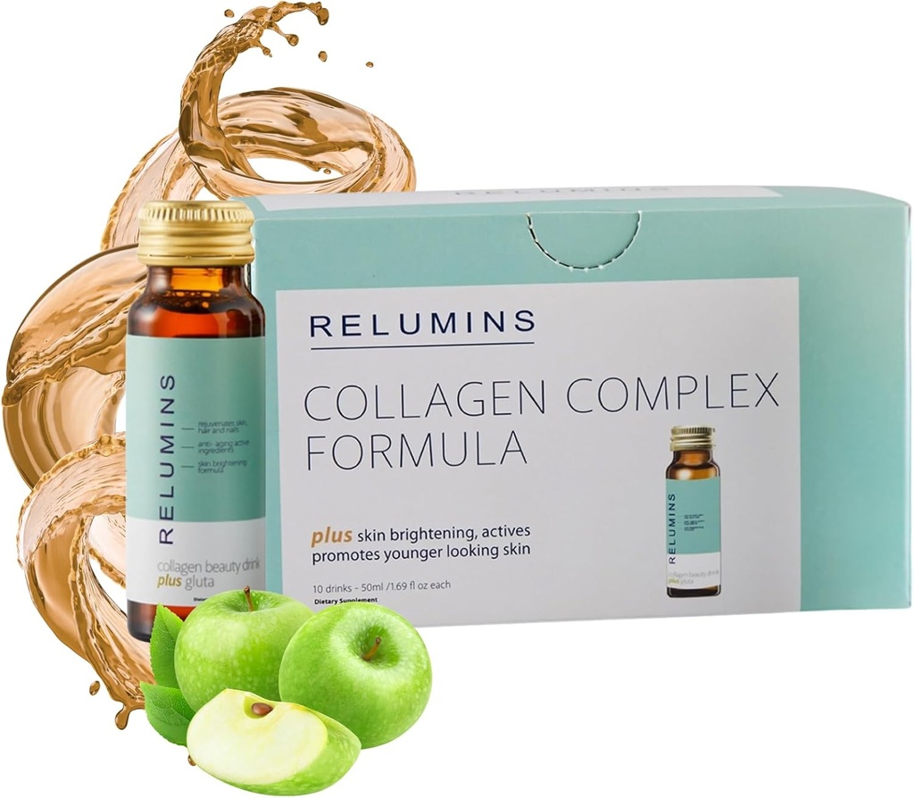 Relumins Advanced Collagen Beauty Drink with Glutathione, Hyaluronic Acid & Antioxidants - Μετακαλοκαιρινή αποκατάσταση δέρματος & Made in USA - Apple Flavor - 10 μπουκάλια x 50mL