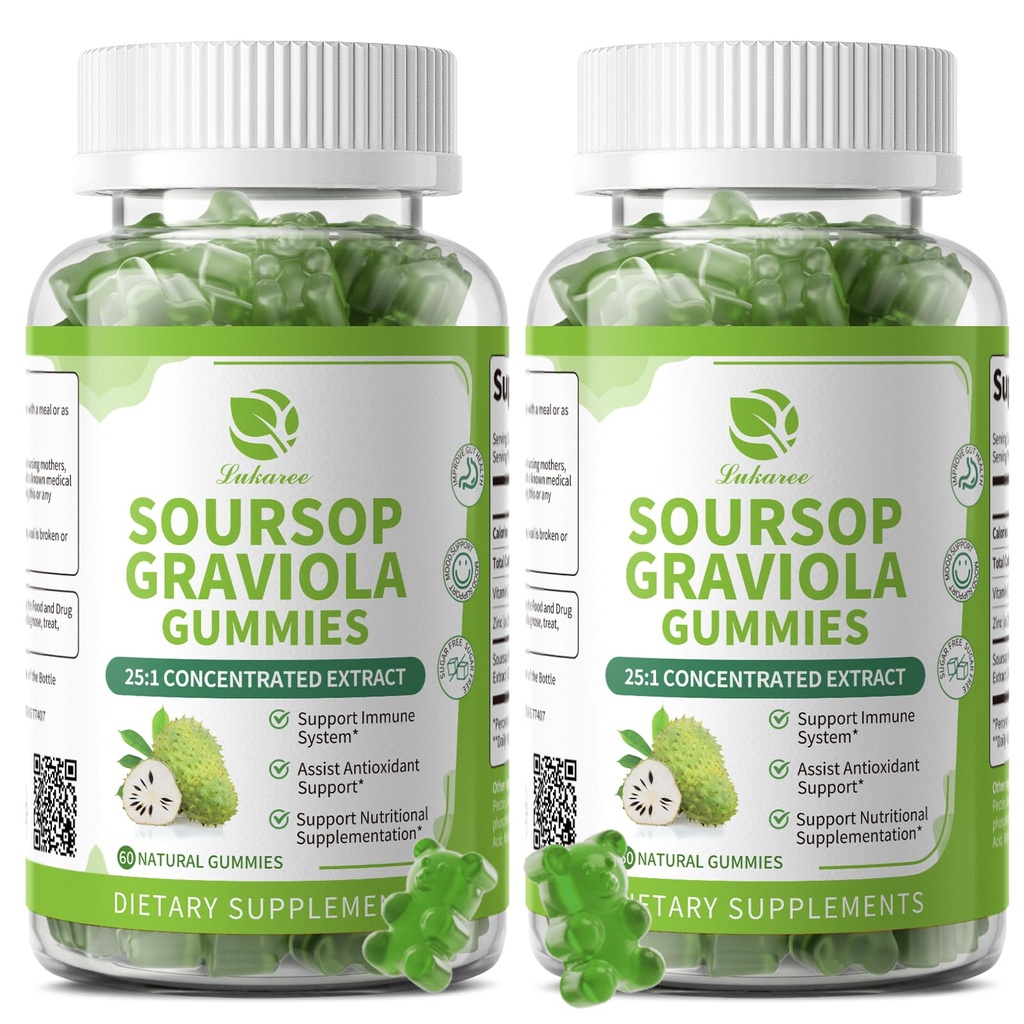 (2 Pack) Soursop Graviola Gummies - Φύλλα Soursop Extract w/Vitamin C, Ψευδάργυρος & Ολόκληρη Φυσική Τροφή για Ανοσία, Ήπαρ, Zzz & Αντιοξειδωτικό, Χωρίς Γλουτένη, Vegan, 120 Gummies