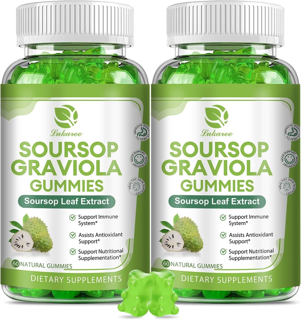 (2 Pack) Soursop Graviola Gummies - Soursop Leaves Extract w/Vitamin C, Zinc & Whole Natural Food for Immunity, Liver, Zzz & Antioxidant, Gluten Free, Vegan, 120 Gummies
