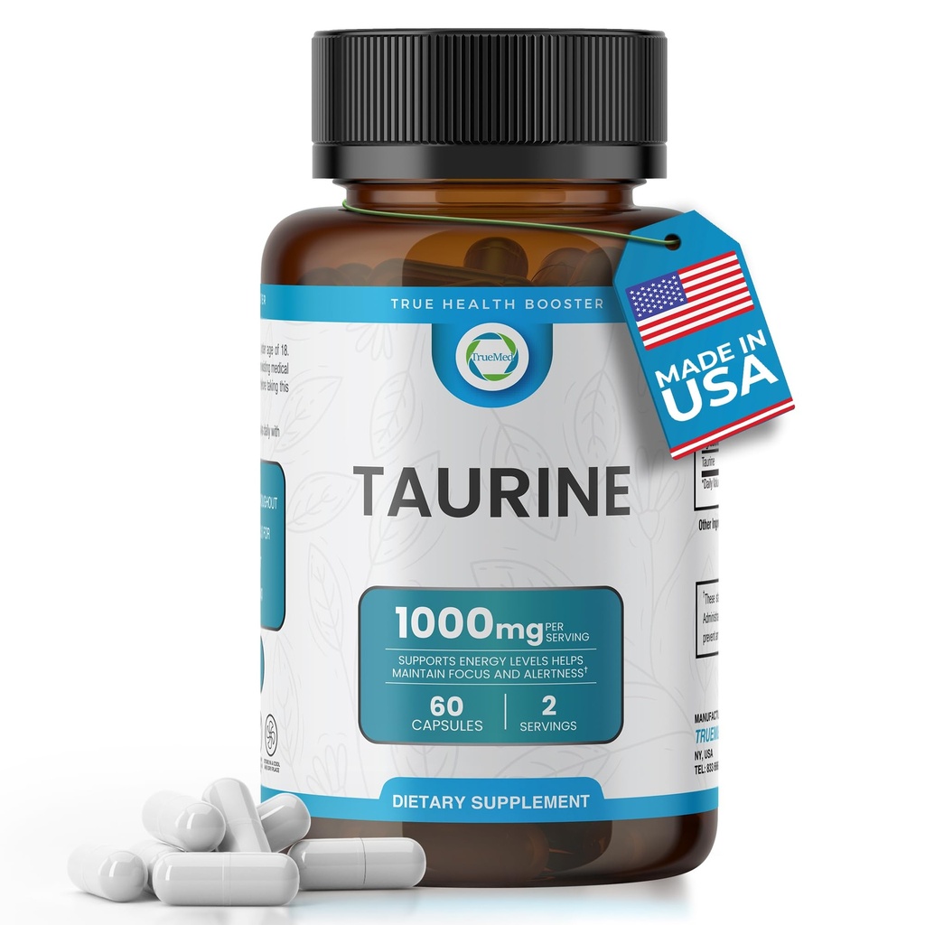 Taurine 1000mg Capsules – Taurine Supplement for Heart, Brain, Muscle & Liver Support – Non-GMO & Gluten Free – No Artificial Flavor 60 Capsules, Made in USA