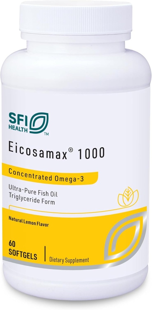 Klaire Labs SFI Health Eicosamax 1000 TG Fish Oil - 1000 mg EPA / DHA per Soft Gel, Ultra Pure Omega-3 Fish Oil Pills - Sustainable Sourced - Natural Lemon Flavor for No Fishy Burps (60 Softgels)