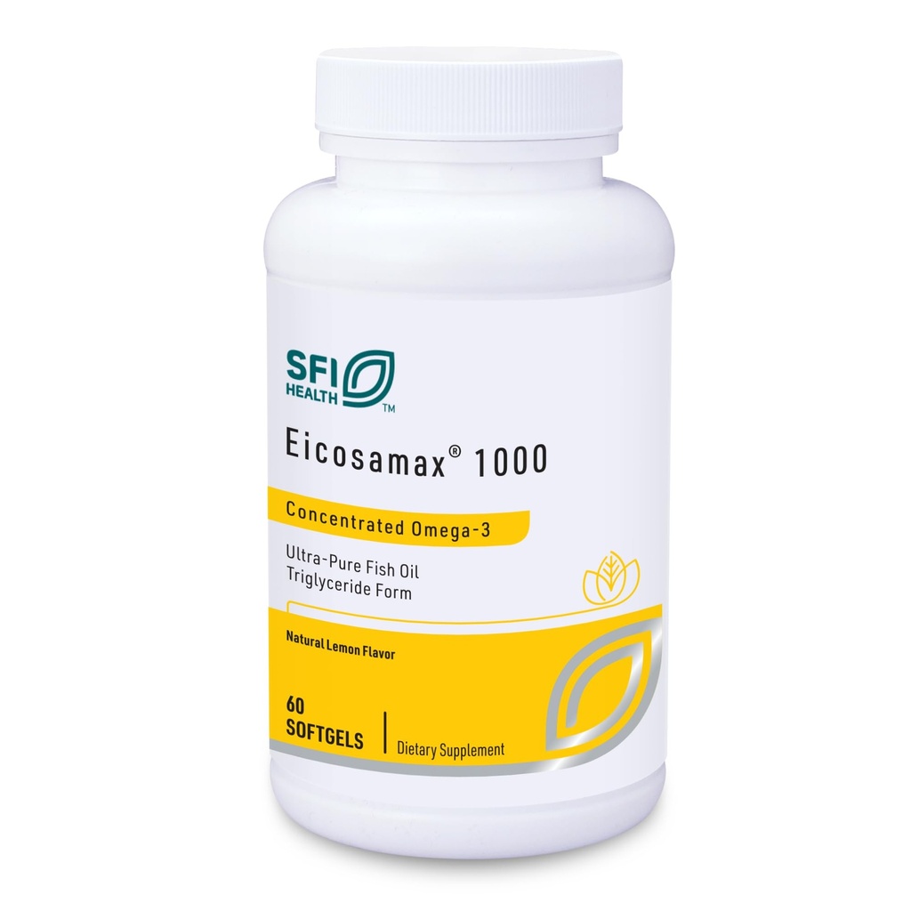 Klaire Labs SFI Health Eicosamax 1000 TG Fish Oil - 1000 mg EPA/DHA per Soft Gel, Ultra Pure Omega-3 Fish Oil Pills - Sustainablely Soured - Natural Lemon Flavor for No Fishy Burps (60 Softgels)