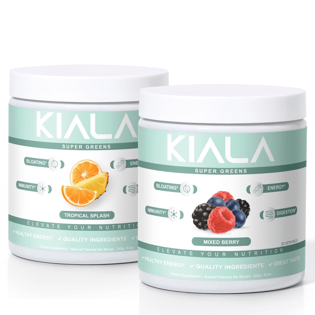 Kiala Beslenme Süper Yeşiller, Organik Yeşiller Toz, Spirulina & Chlorella Superfood Toz, Sugar & Gluten Free Vegan, Spectra Mix, Tropikal Slush, Karma Berry 2 Pack