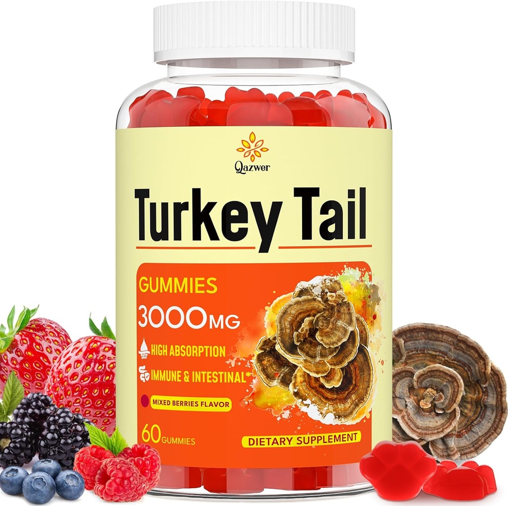 Türkiye Tail Mushroom, Türkiye Tail (% 100 Meyveli Vücut,% 40 Beta Glucans) Black Pepper, Mushroom Gummies for Gut, Energy, Brain & Immune Support, Karmages Flavor | Vegan, Non-GMO, 60ct