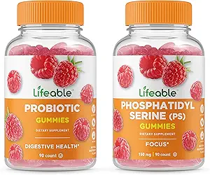 Lifeable Phosphatidylserine (PS) + Probiyotik 2 Milyar CFU, Gummies Sche - Great Tasting, Vitamin Supplement, Gluten Free, GMO Free, Chewable Gummy