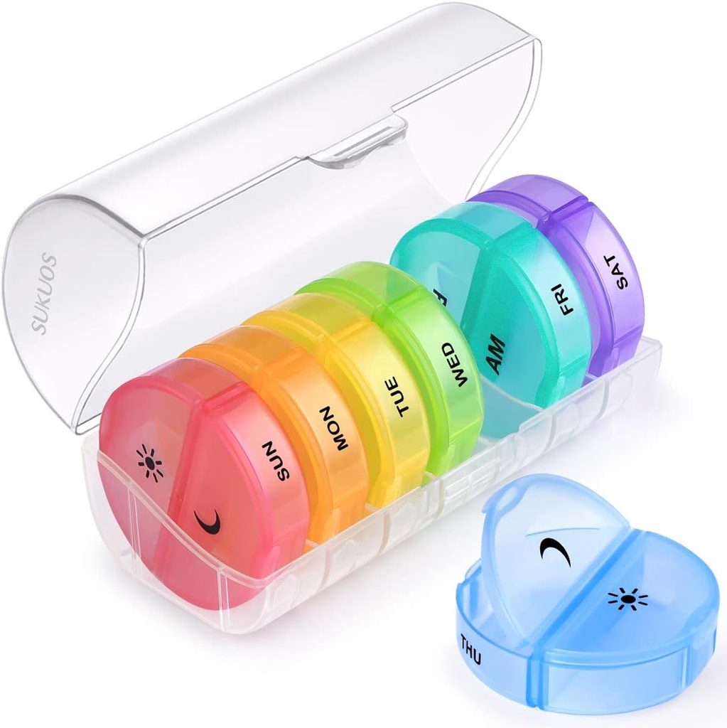 Sukuos Büyük Haftalık Pill Organizer 2 Times a Day, Daily Pill Box 7 Day Easy to Open with Double Protection, AM PM Pill Case for Medicine/Vitamin/Fish Oil /Supplements (Clear)