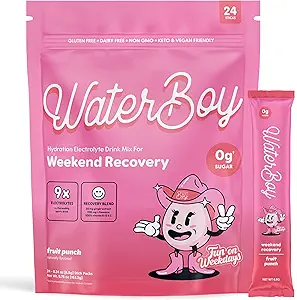 Waterboy Weekend Recovery x FOW | 3,200 mg Electrolyte Toz Paketleri | Ginger + L-Theanine + Vitaminler | No Sugar, All Natural, Gluten Free | 24 Drink Stick Mixes (Fruit Punch)