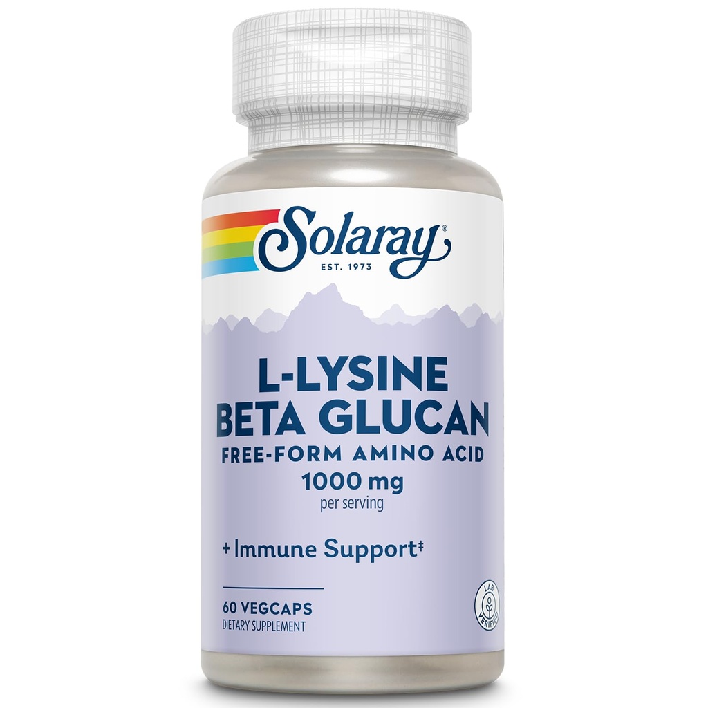 SOLARAY L-Lysine with Beta Glucan, Free Form Amino Asit, L-Lysine 1000 mg Capsules, Immune Support Supplement, Sağlıklı Skin ve Lips Support, 60-Day Garanti, Lab TY, 30 Hizmet, 60 VegCaps