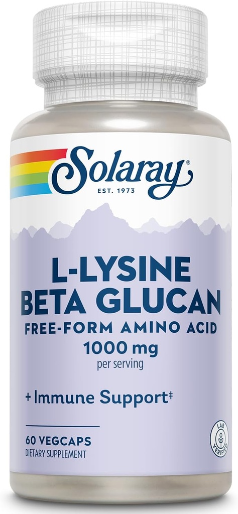 SOLARAY L-Lysine with Beta Glucan, Free Form Amino Asit, L-Lysine 1000 mg Capsules, Immune Support Supplement, Sağlıklı Skin ve Lips Support, 60-Day Garanti, Lab TY, 30 Hizmet, 60 VegCaps