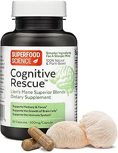 Bilişsel Kurtarma, Lion's Mane Mushroom Capsules w/ Lion's Mane Dual Extract, Nootropics, Brain Supplement for Memory and Focus, Mushroom Immune Support w/ B Vitamins Complex, BioPerine, 60 kapsüller
