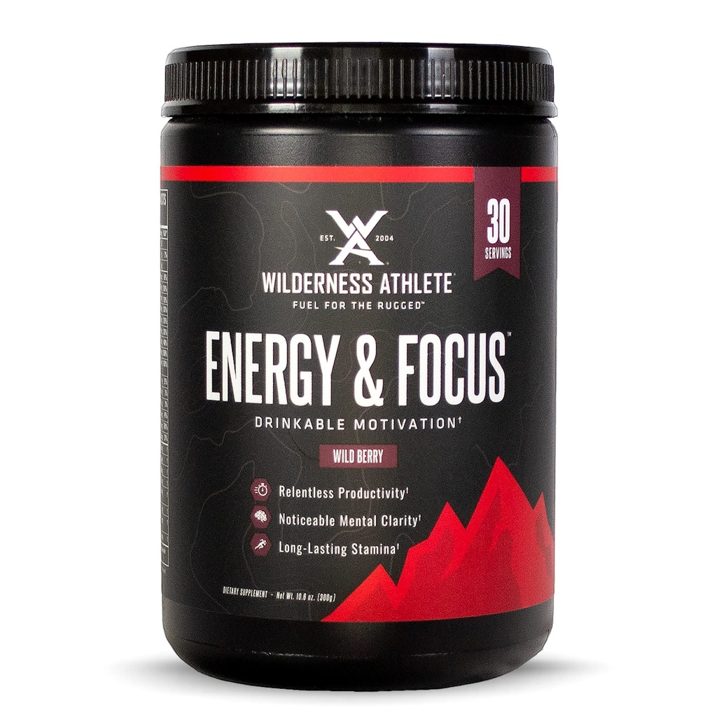Wilderness Athlete - Energy & Focus | Energy Booster for Women & Men - Energy Drink Mix with Natural Caffeine - Low-Carb, Zero Sugar Energy Drink Powder - 30 Serving Energy Drink Tub (Wild Berry)