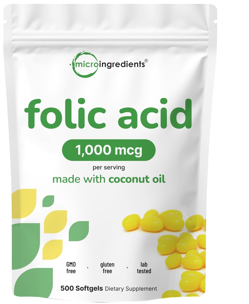 Folic Acid 1000 mcg, 500 Coconut Oil Softgels (1mg) | Essential Prenatal Vitaminler (Vitamin B9) | 1.667 mcg DFE | Üçüncü Parti Test Edildi, Yapay Renkler veya Flavors | Non-GMO, Gluten Free