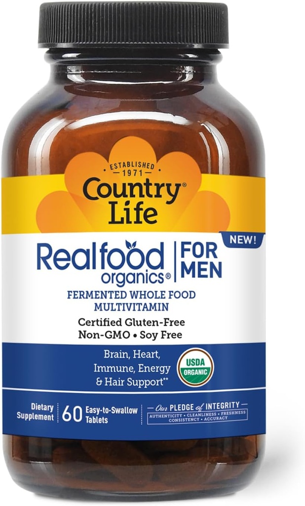 Country Life RealFood Organics for Men – 60 Tabletler | 1,300 mg Organik Fermented Whole Foods, 7Mushroom Superfood & Aloe – Sertifikalı Gluten-Free, Vegan & USDA Organik Multivitamin