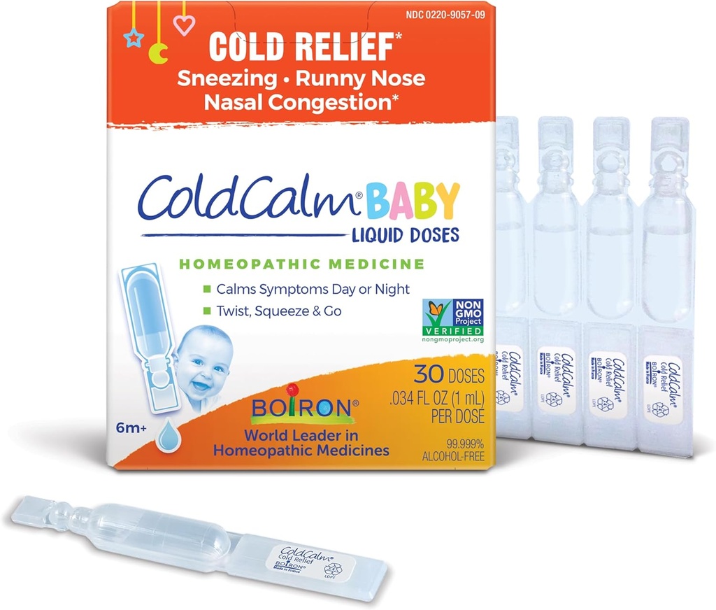 Boiron ColdCalm Baby Single-Use Drops for Relief from Cold Sneezing, Runny Nose, and Nasal Congestion - Sterile and Non-Drowsy Liquid Dos - 30 Count